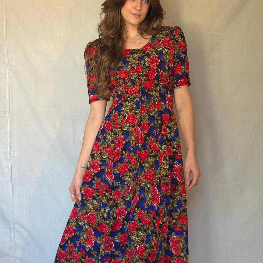 80s Black Floral Button Front Dress - Picture 10 of 12